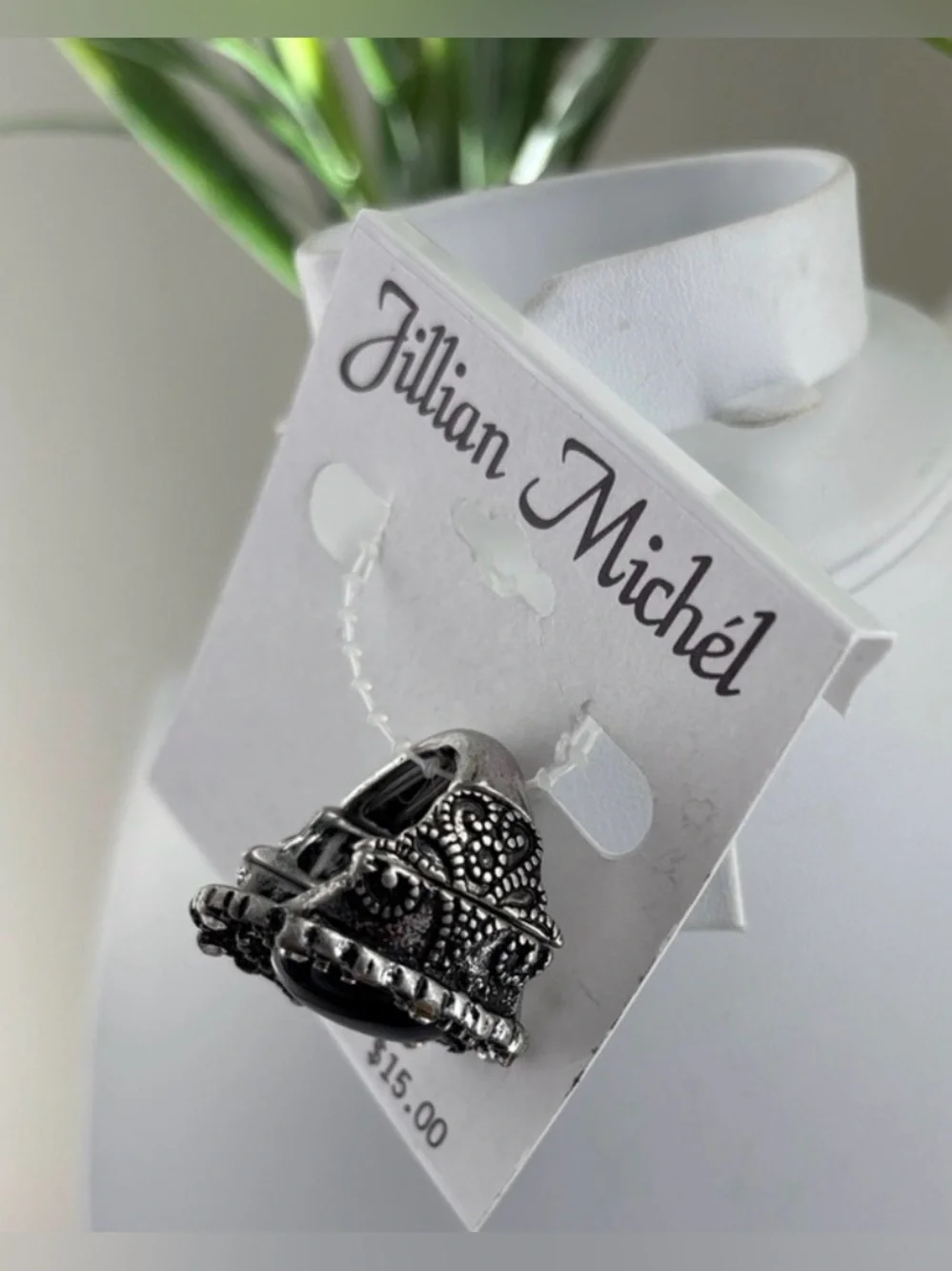 Jillian Michel Ornate intricate silver,black round  stone,rhinestone surround